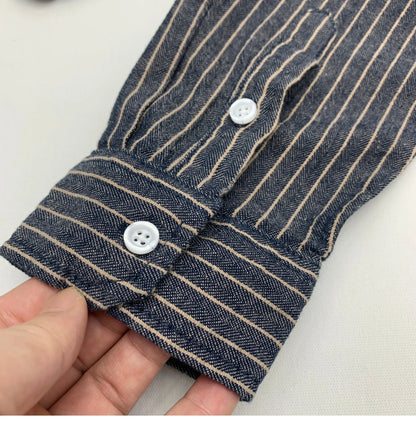 55% Linen 45% Cotton Vintage Striped Shirts for Men American Casual Retro Loose Blouses 2024 Spring Autumn Long Sleeve Male Tops