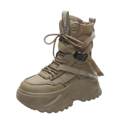 Women Ankle Boots Autumn Leather Chunky Shoes Woman High Platform Breathable Sneakers 8CM Thick Sole Wedges Motorcycles Boots