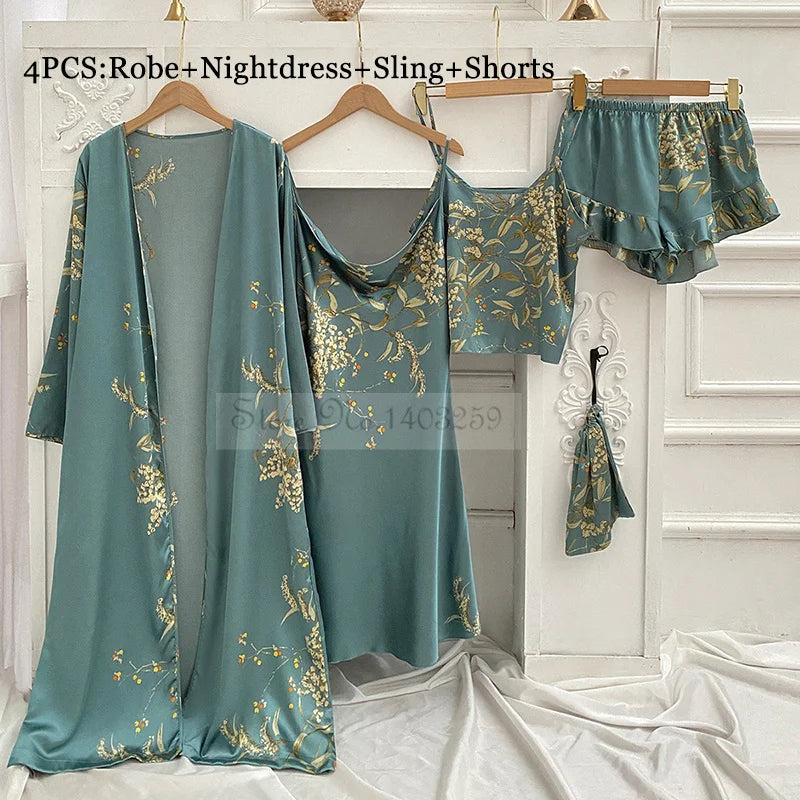 Four Pieces Pajamas Set Printed Little Cherry Sleepwear Women Satin Nightgown With Suspender Sling&Shorts Summer Home Clothes