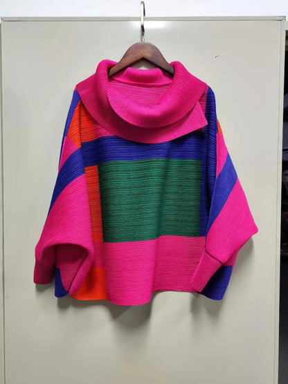 Miyake Pleated Turndown Collar Batwing Sleeve Top Women Geometric Printed Loose T-shirt