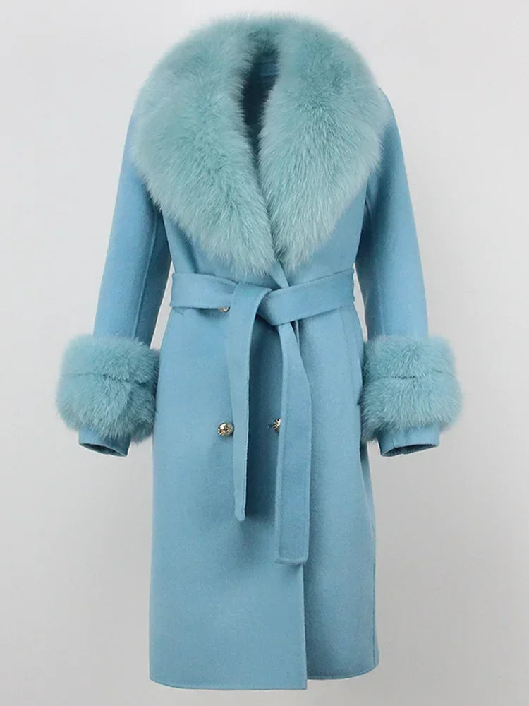 Double Breasted Woolen Jacket Belt Warm Cashmere Real Fur Coat Streetwear New Fashion 2024 Winter Women Long Natural Wool Blends