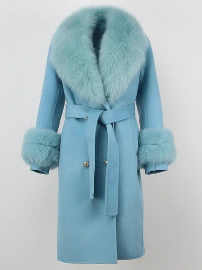 Double Breasted Woolen Jacket Belt Warm Cashmere Real Fur Coat Streetwear New Fashion 2024 Winter Women Long Natural Wool Blends