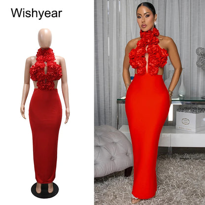 New Autumn Halter Sleeveless Backless Cutout Red 3D Flower Long Maxi Dress for Women Elegant Sexy Evening Birthday Party Vestido