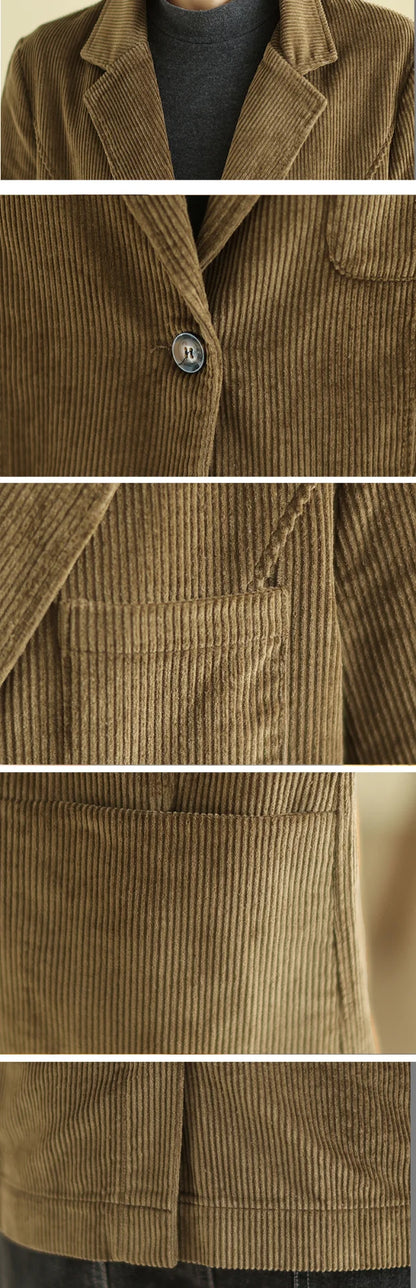 Retro Corduroy ort Suit Jaet Women's Loose Casual Striped Velvet Open Cardigan Top Spring 2026 New Sle Cotton Material