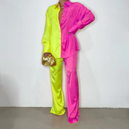 CM.YAYA Elegant Satin Women's Tracksuit Long Sleeve Shirt and Wide Leg Straight Pants Matching Sleepwear Two 2 Piece Set Outfits
