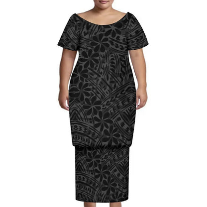 New Tonga Polynesian Short Sleeve Dress Big Size Women Button Puletasi Dress and Aloha Men Shirt Match Couple Clothes Two Piece