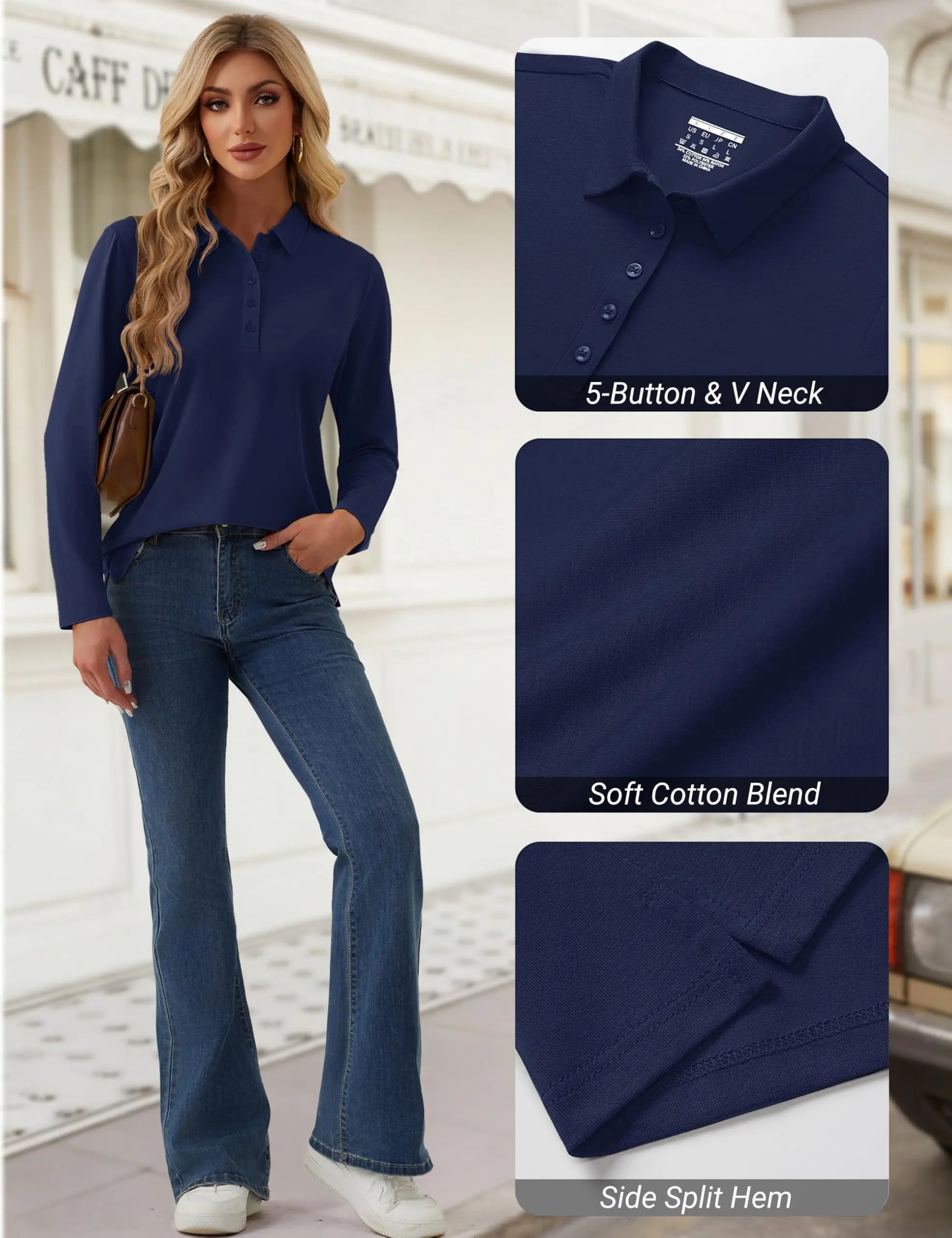 TACVASEN Women's Long Sleeve 5-Button Polo Shirts V-Neck Collared Tops Cotton Blend Casual Work Golf T-Shirts with Side Split