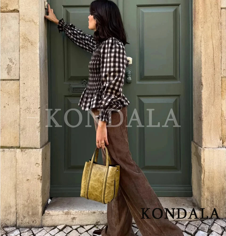 KONDALA Trendy Casual Plaid Slim Shirts Women Elegant Long Sleeve Stretch Bust Tops 2026 Spring Chic Holiday Fold Pleated Shirts