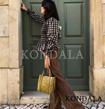 KONDALA Trendy Casual Plaid Slim Shirts Women Elegant Long Sleeve Stretch Bust Tops 2026 Spring Chic Holiday Fold Pleated Shirts