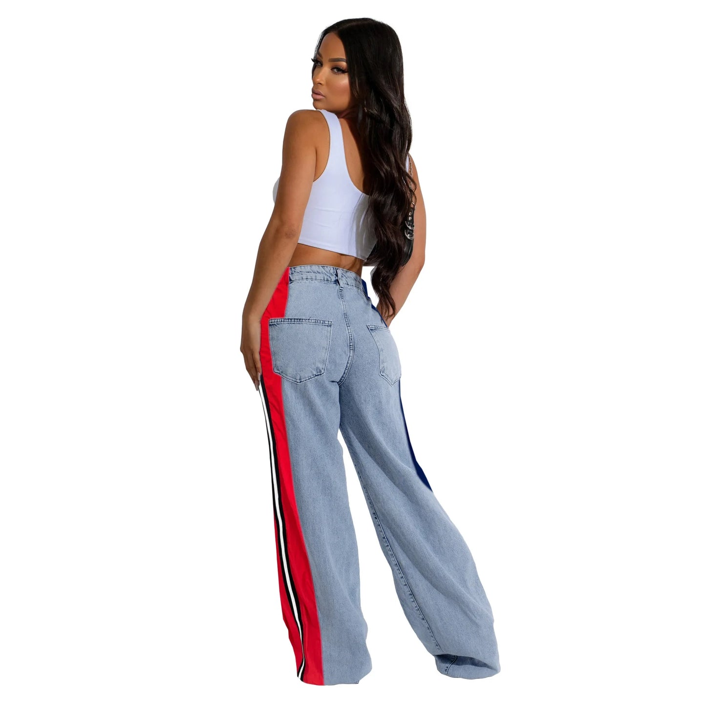 Denim Pants Women Patchwork Spliced Long Pant Mom Straight Button High Waist Casual Jeans Trousers Pocket Lady Y2k Autumn