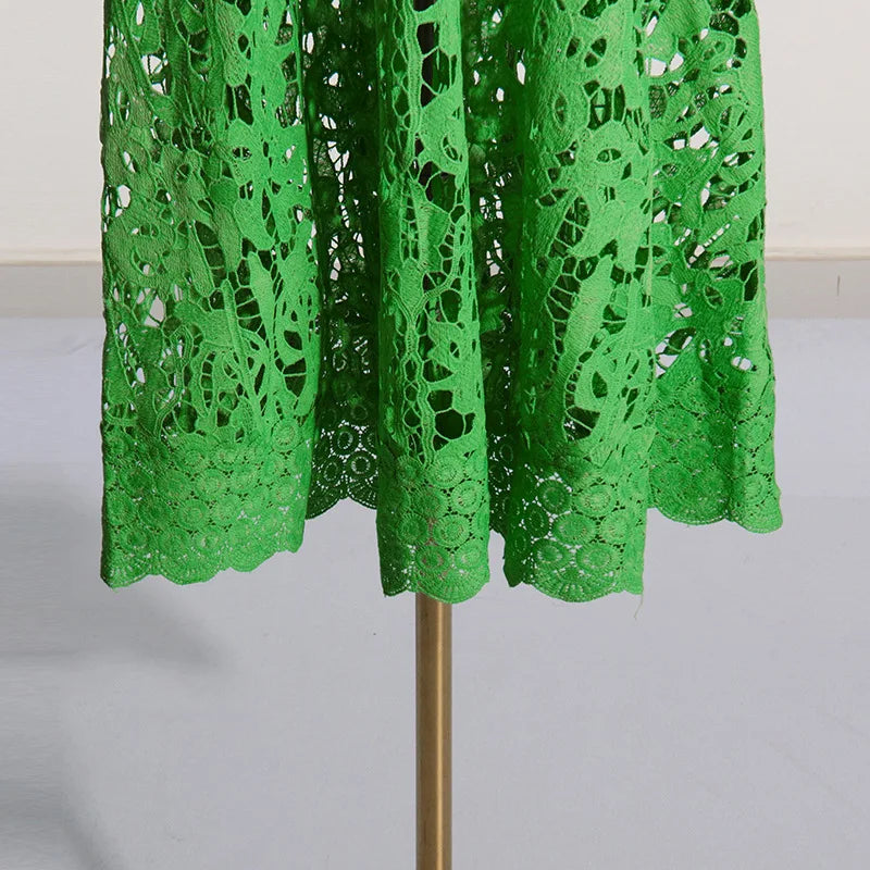 French Elegant Holiday Flower Embroidery Lace Midi Dress Women Lantern Long Sleeve Stand Hollow Out Crochet Party Vestidos