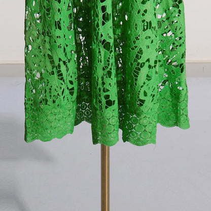 French Elegant Holiday Flower Embroidery Lace Midi Dress Women Lantern Long Sleeve Stand Hollow Out Crochet Party Vestidos
