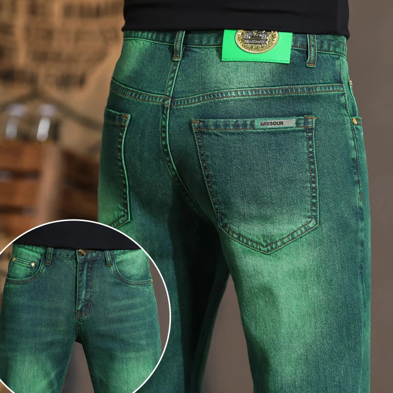 Emerald Green Jeans High-End Embroidery Slim Straight Leg Men Pants Personality Fashion Everything Trend Elastic Denim Pant