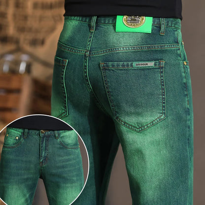 Emerald Green Jeans High-End Embroidery Slim Straight Leg Men Pants Personality Fashion Everything Trend Elastic Denim Pant
