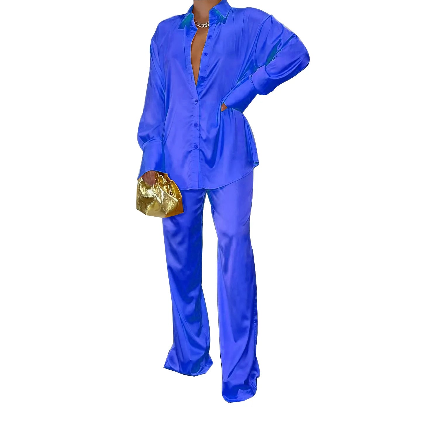 CM.YAYA Elegant Satin Women's Tracksuit Long Sleeve Shirt and Wide Leg Straight Pants Matching Sleepwear Two 2 Piece Set Outfits