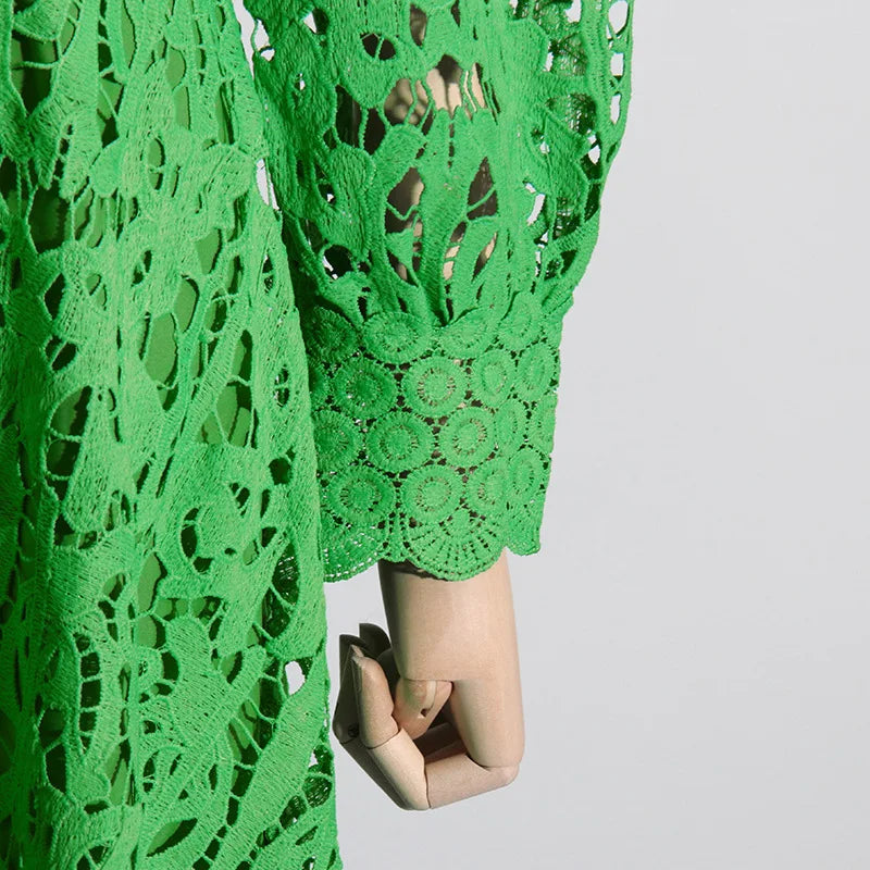 French Elegant Holiday Flower Embroidery Lace Midi Dress Women Lantern Long Sleeve Stand Hollow Out Crochet Party Vestidos