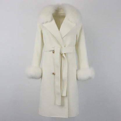 Double Breasted Woolen Jacket Belt Warm Cashmere Real Fur Coat Streetwear New Fashion 2024 Winter Women Long Natural Wool Blends