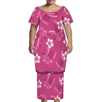 New Tonga Polynesian Short Sleeve Dress Big Size Women Button Puletasi Dress and Aloha Men Shirt Match Couple Clothes Two Piece