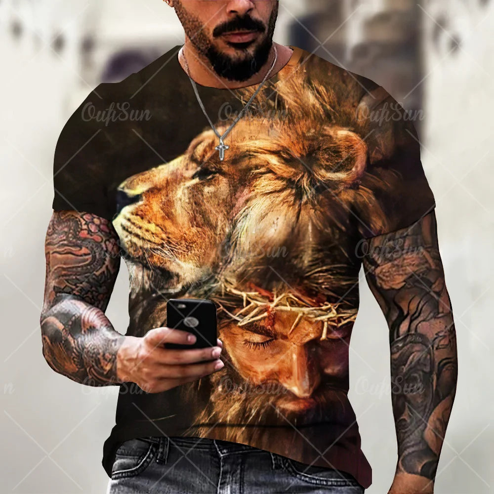 Christ Jesus T-Shirts for Men 3D Lion Printed T-Shirt Summer Clothes Short Sleeve Streetwear Vintage Tops Tee Shirt Men Clothing