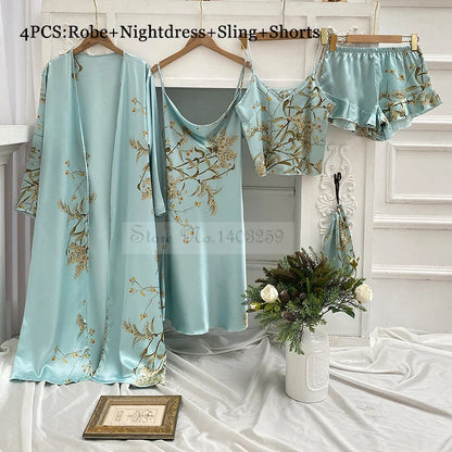 Four Pieces Pajamas Set Printed Little Cherry Sleepwear Women Satin Nightgown With Suspender Sling&Shorts Summer Home Clothes