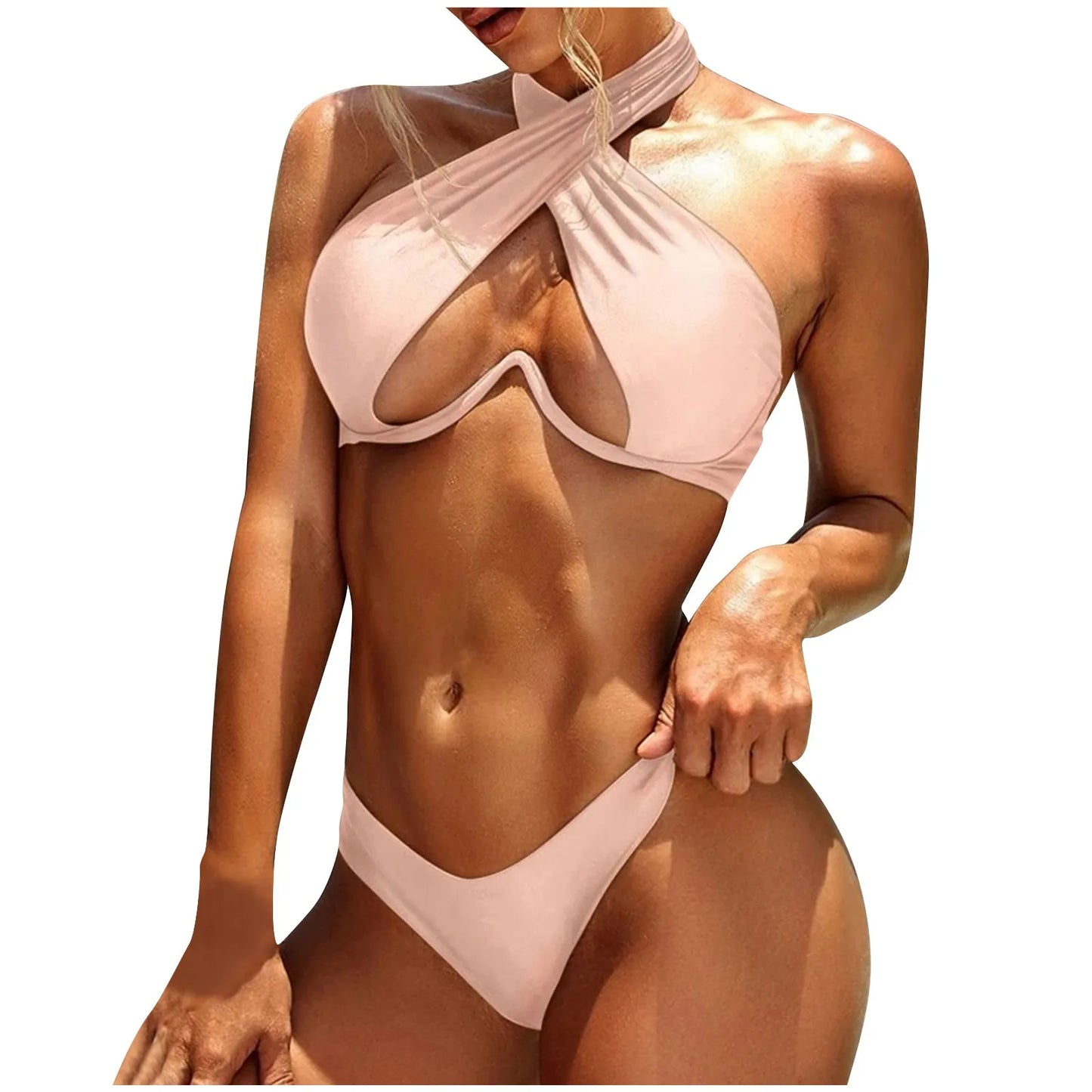 Women'S Fashion Solid Color Neck Gathering Underwire Split Sexy Bikini Swimsuit Women Brazilian Swimsuit Sexy Push Up Swimwear