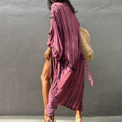 New 11 Colors Printed Long Sleeve With Belt Tunic Beach Cover Up Cover-ups Beach Dress Beach Wear Beachwear Female Women V4521