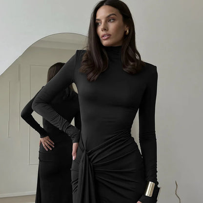Autumn and Winter Fashion Women's High Collar Long Sleeve Splicing Strap Waist Slimming Style Solid Color Dress for Women