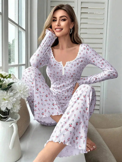 Spring Autumn Floral Print Lettuce Trim Tops with Long Pants Sleepwear Women Pajamas Set Loungewear Nightwear Pijama Mujer