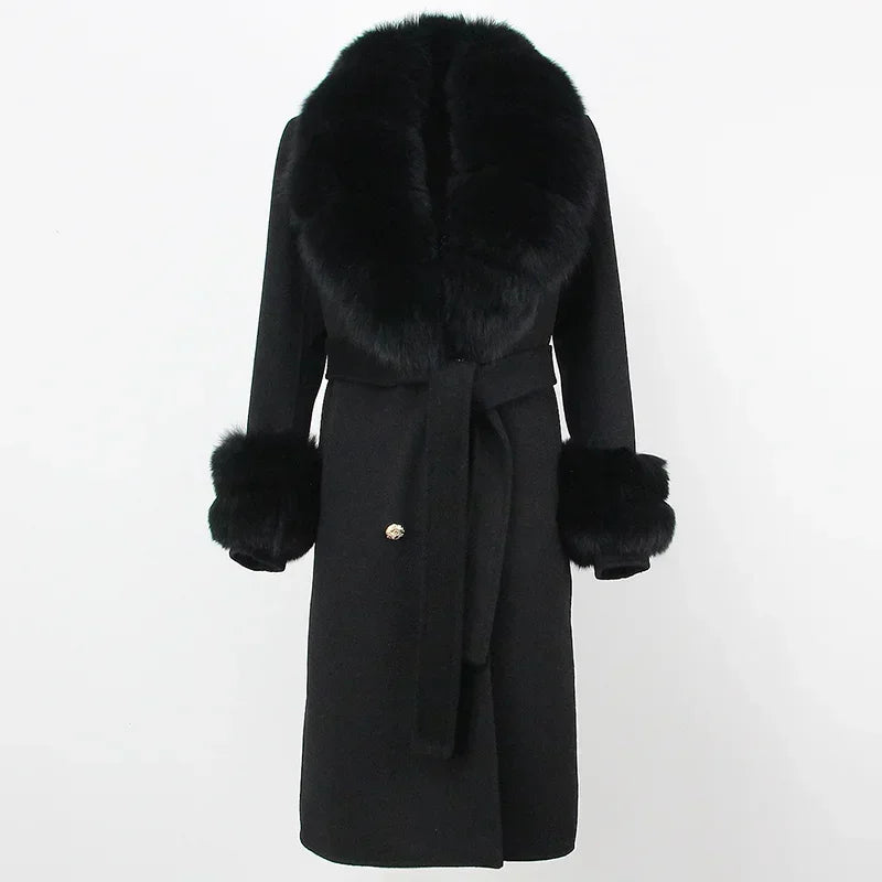 Double Breasted Woolen Jacket Belt Warm Cashmere Real Fur Coat Streetwear New Fashion 2024 Winter Women Long Natural Wool Blends