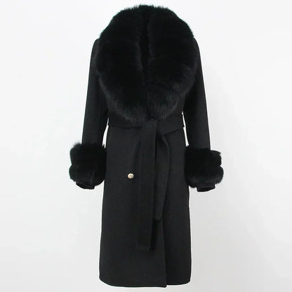 Double Breasted Woolen Jacket Belt Warm Cashmere Real Fur Coat Streetwear New Fashion 2024 Winter Women Long Natural Wool Blends