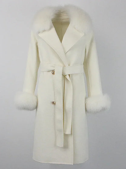 Double Breasted Woolen Jacket Belt Warm Cashmere Real Fur Coat Streetwear New Fashion 2024 Winter Women Long Natural Wool Blends