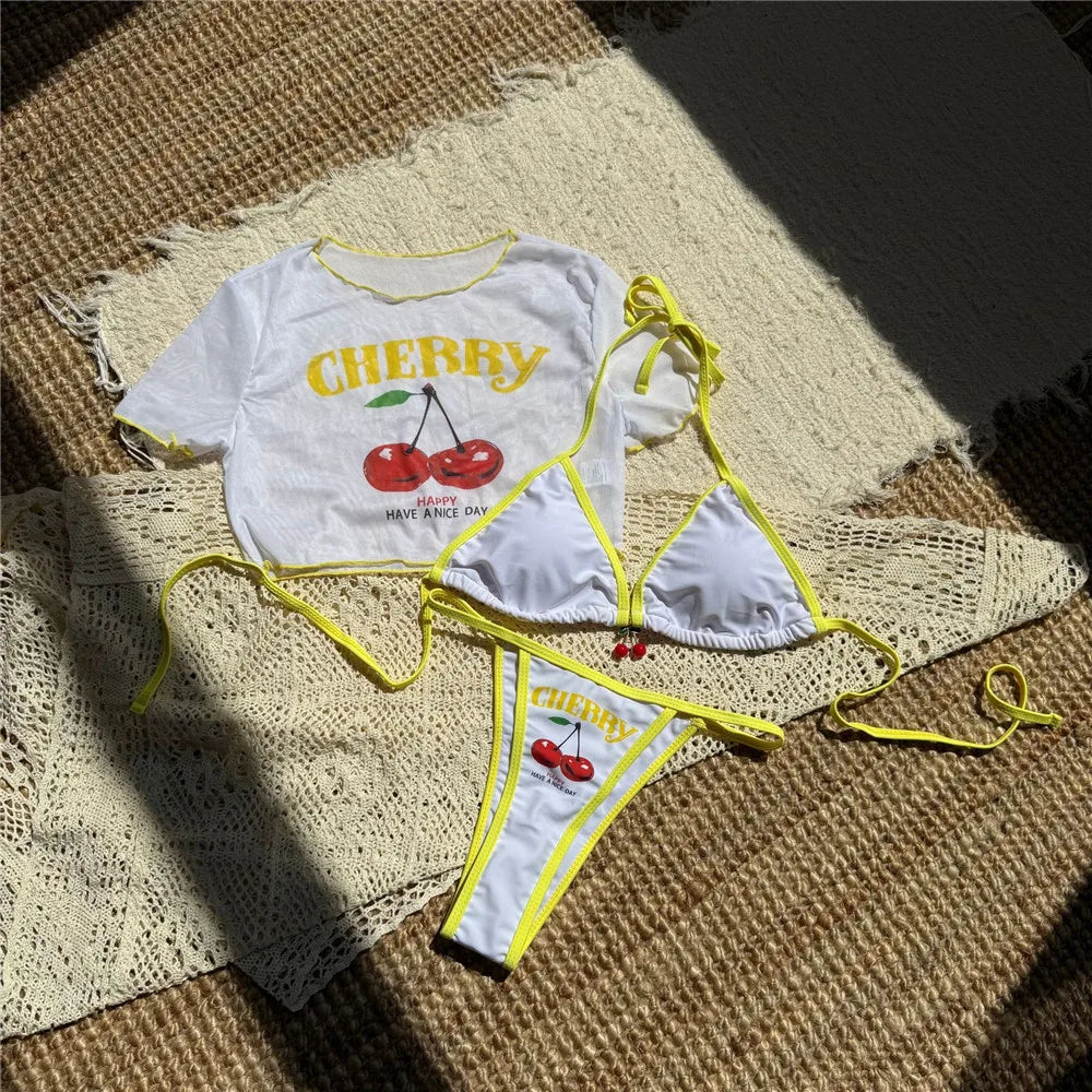Cute Cherry Print Swimwear Halter String Triangle Bikinis Sets 3 Pieces Smock Cover Ups Sexy Swimsuit Women Bather Biquinis 2026
