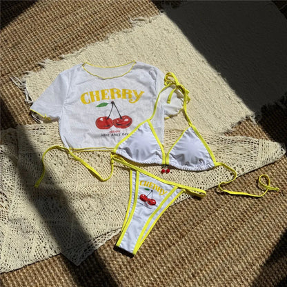 Cute Cherry Print Swimwear Halter String Triangle Bikinis Sets 3 Pieces Smock Cover Ups Sexy Swimsuit Women Bather Biquinis 2026