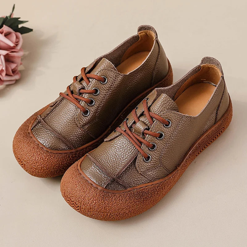 New Women's Genuine Leather Flats Woman Tied Up Wide Head Sports Sneakers Vintage Moccasin Non-Slip Walking Driving Loafer Flats