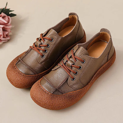 New Women's Genuine Leather Flats Woman Tied Up Wide Head Sports Sneakers Vintage Moccasin Non-Slip Walking Driving Loafer Flats
