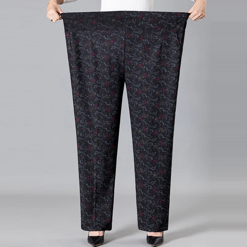 8XL 9XL Middle-aged Women Trousers New Print Elasti High Waist Casual Pants Spring and Autumn Straight Pants Oversize Grandma Pa