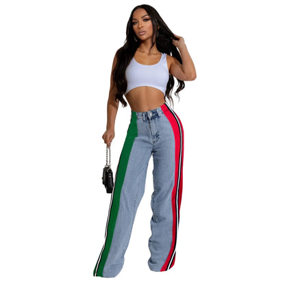 Denim Pants Women Patchwork Spliced Long Pant Mom Straight Button High Waist Casual Jeans Trousers Pocket Lady Y2k Autumn