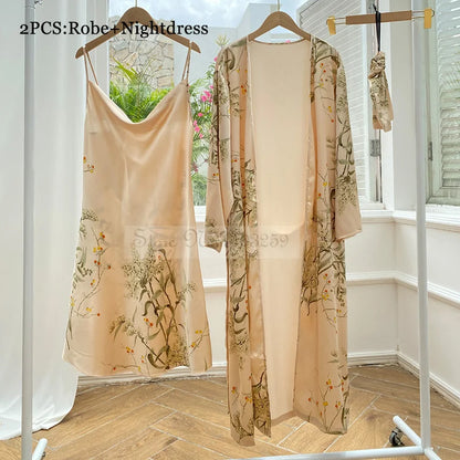 Four Pieces Pajamas Set Printed Little Cherry Sleepwear Women Satin Nightgown With Suspender Sling&Shorts Summer Home Clothes