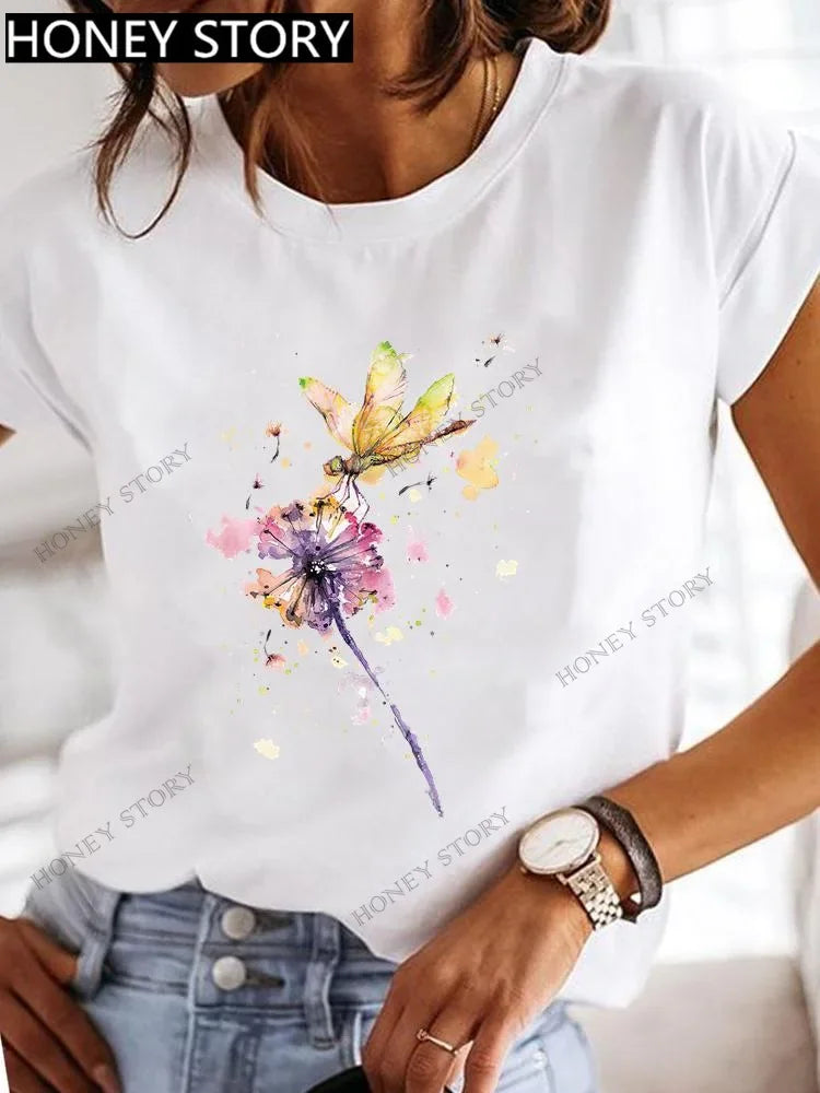 Dragonfly Butterfly Print Base Top Loose Women's Short-sleeved T-shirt Round Neck Oversized T Shirt  Women Clothes TEE