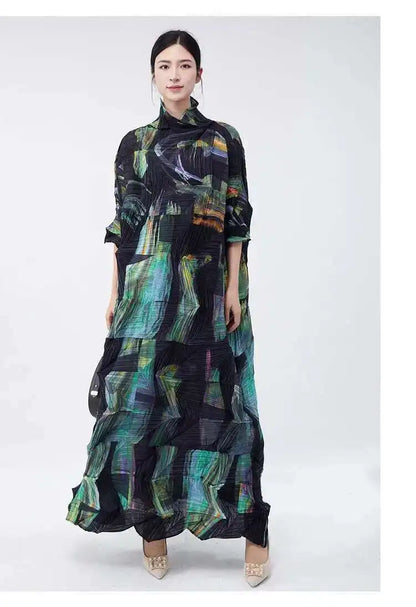 LANMREM Large Size Pleated Dress For Women Turtleneck Printing Loose Dresses Female Casual Clothing 2025 Spring New 2DB2113