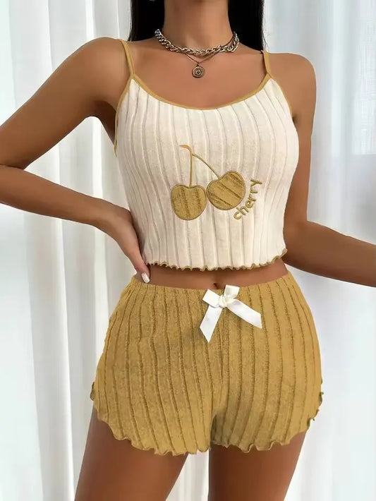 4 Size Summer 2pcs Pajamas Set for Women Casual Simple Ground Wool Halter Vest Shorts Set Home Wear Sleepwear Loungerwear