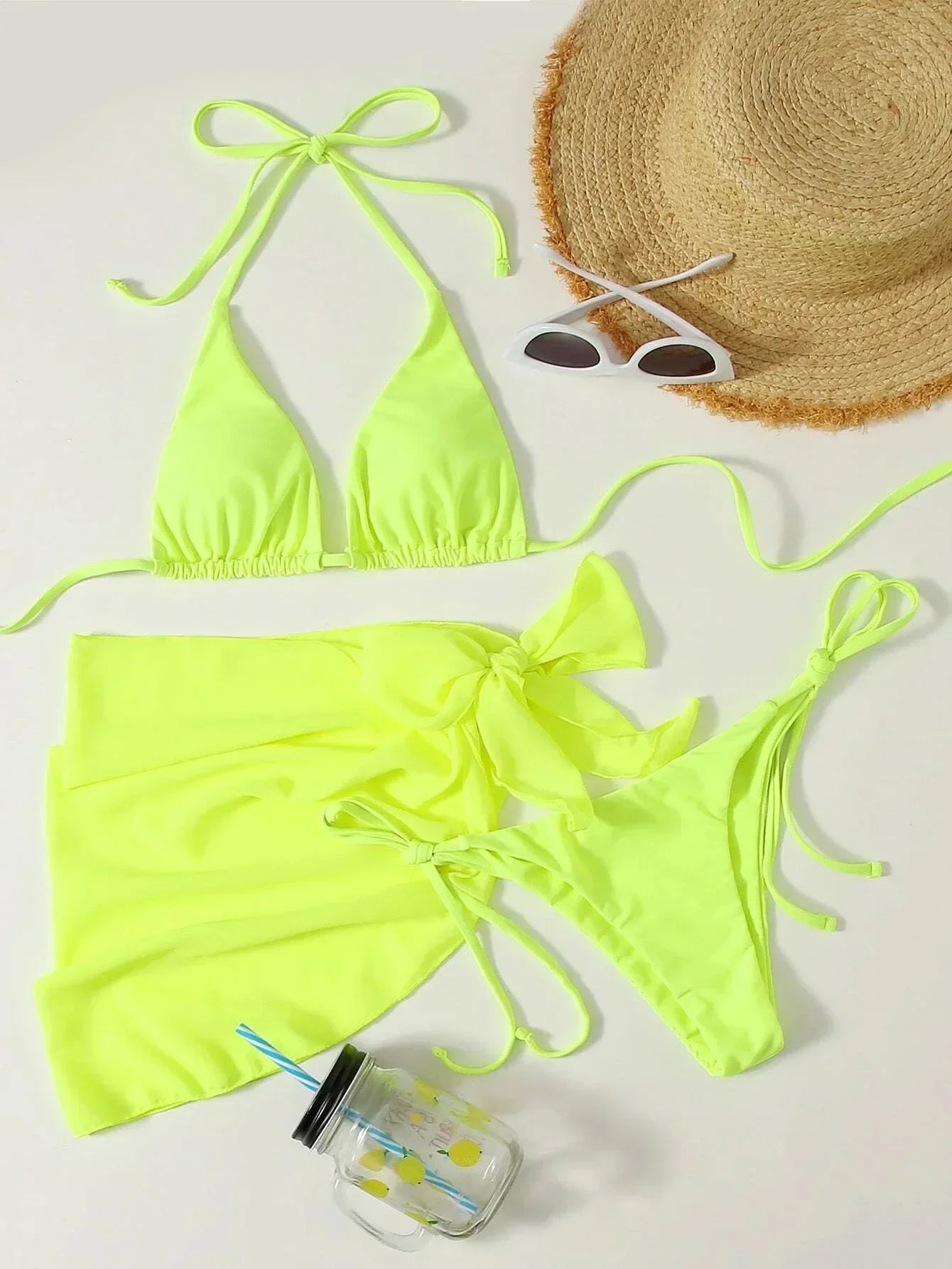 2026 Women's High Waist Bikini Set Halter Cut Out Mesh Skirt 3 Piece Swimsuit Brazilian Push Up Bra Beach Bathing Suit Swimwear
