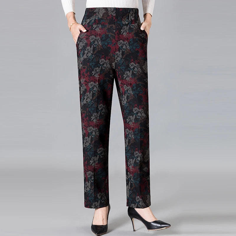 8XL 9XL Middle-aged Women Trousers New Print Elasti High Waist Casual Pants Spring and Autumn Straight Pants Oversize Grandma Pa