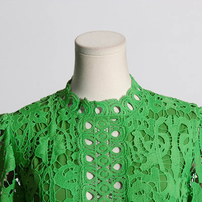 French Elegant Holiday Flower Embroidery Lace Midi Dress Women Lantern Long Sleeve Stand Hollow Out Crochet Party Vestidos