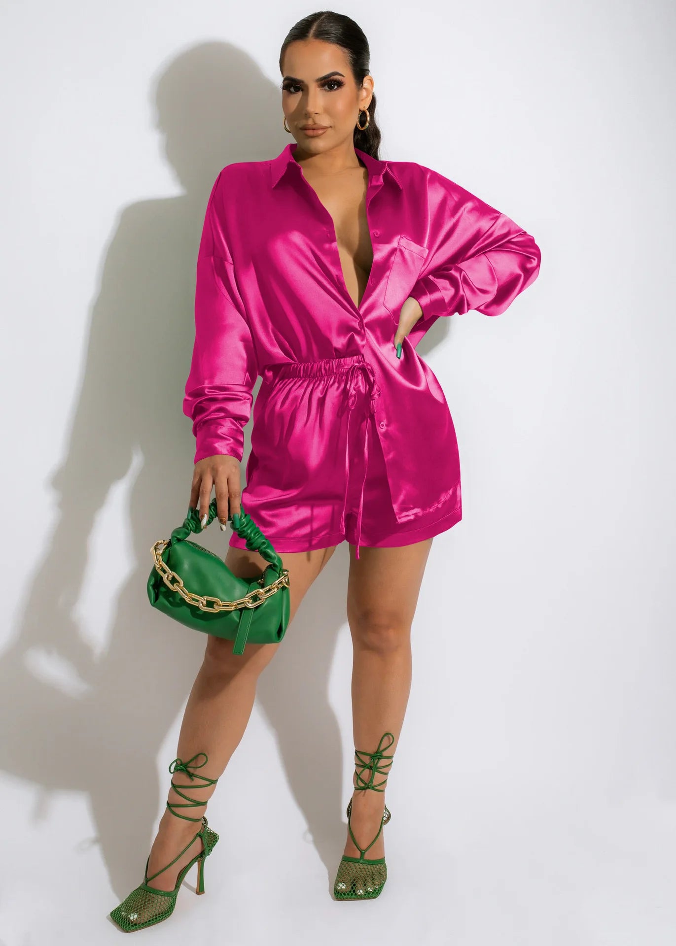CM.YAYA Elegant Satin Women's Tracksuit Long Sleeve Shirt and Wide Leg Straight Pants Matching Sleepwear Two 2 Piece Set Outfits
