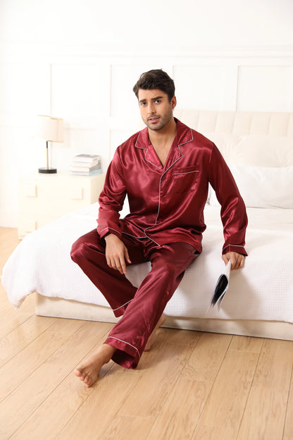 New Men's Pajamas Set Solid Color Casual Homewear Ice Silk Long Sleeve Shirt & Long Pants Pajama Male Satin Sleepwear Indoor Set