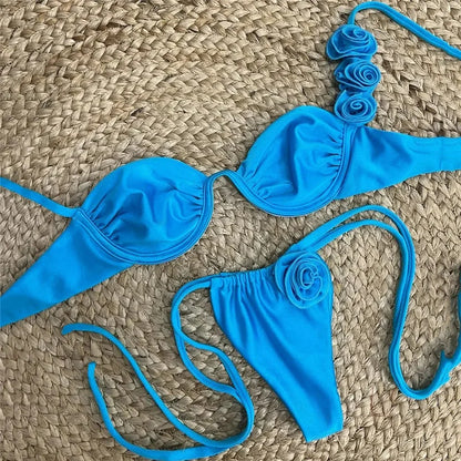 Sexy 3D Flower Blue Push Up Bikinis Sets 2024 Women Wrinkled Underwired Swimwear Micro Thong Swimsuit Bathing Suit Bikini Mujer