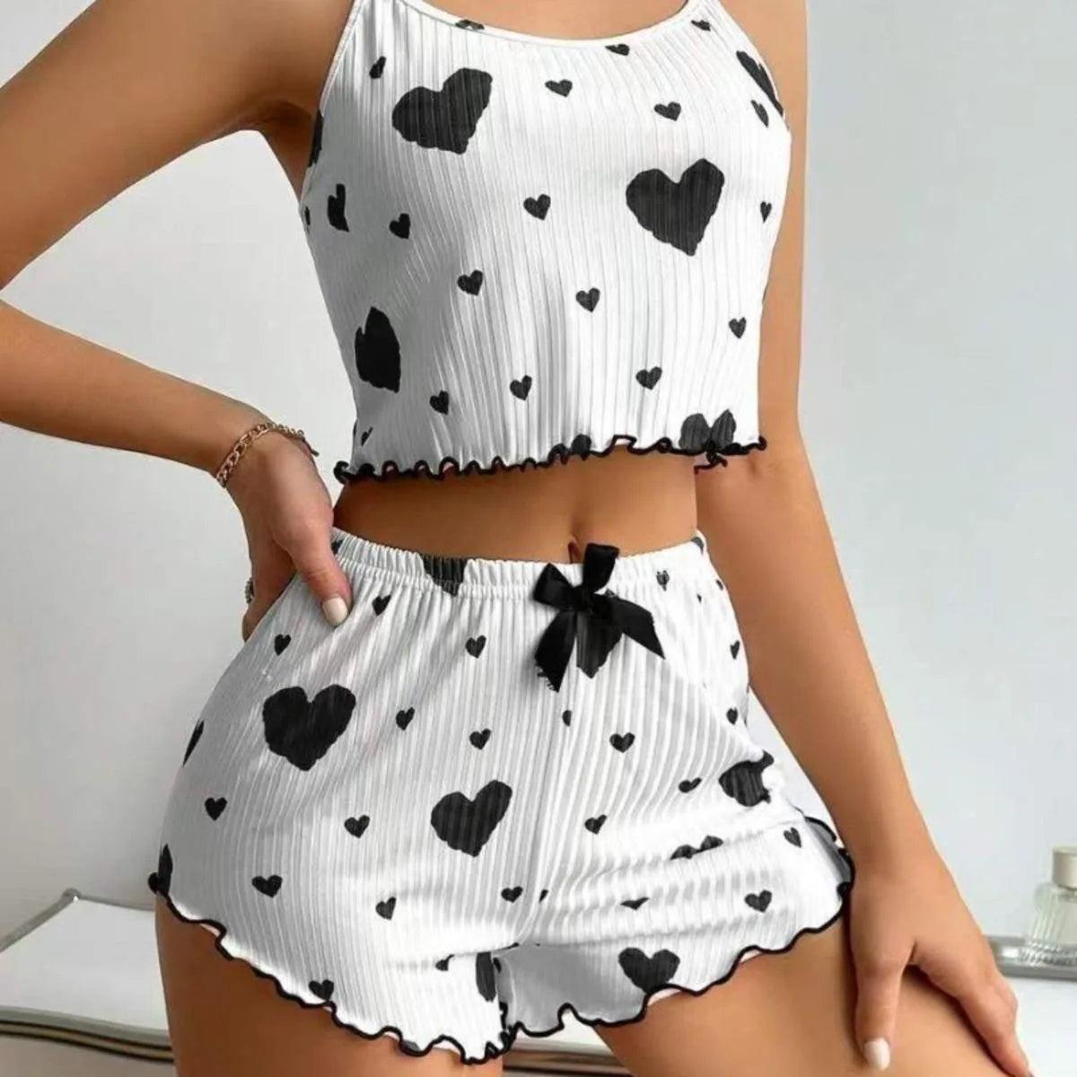Heart Print 2PCS Home Suit Women's Suspender Shorts Casual Fashion Nightwear Female pajamas Lightweight Love Sleepwear