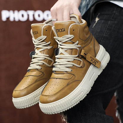 Winter high top men's shoes, sports work casual leather shoes, retro workwear, versatile, trendy casual sports shoes