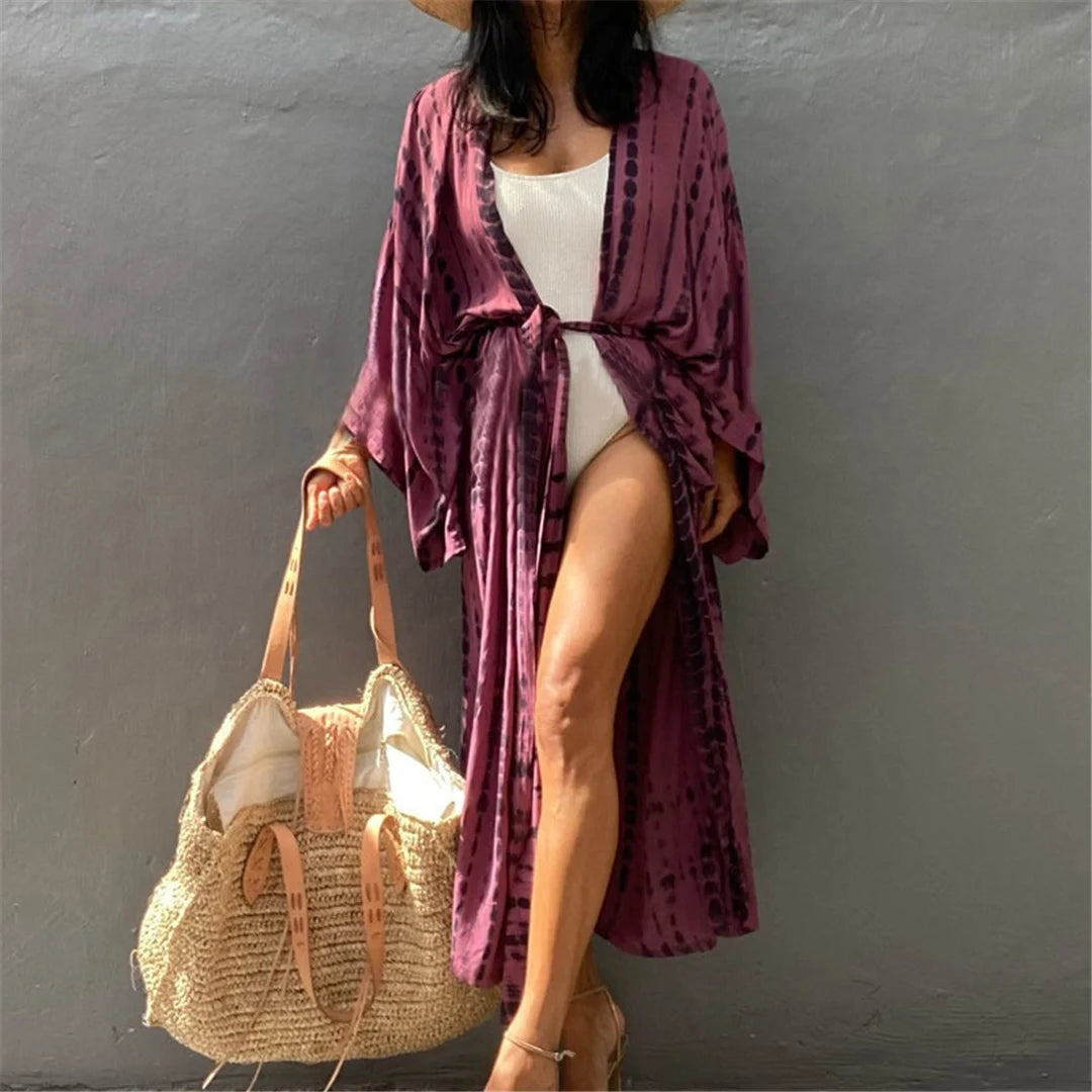 New 11 Colors Printed Long Sleeve With Belt Tunic Beach Cover Up Cover-ups Beach Dress Beach Wear Beachwear Female Women V4521